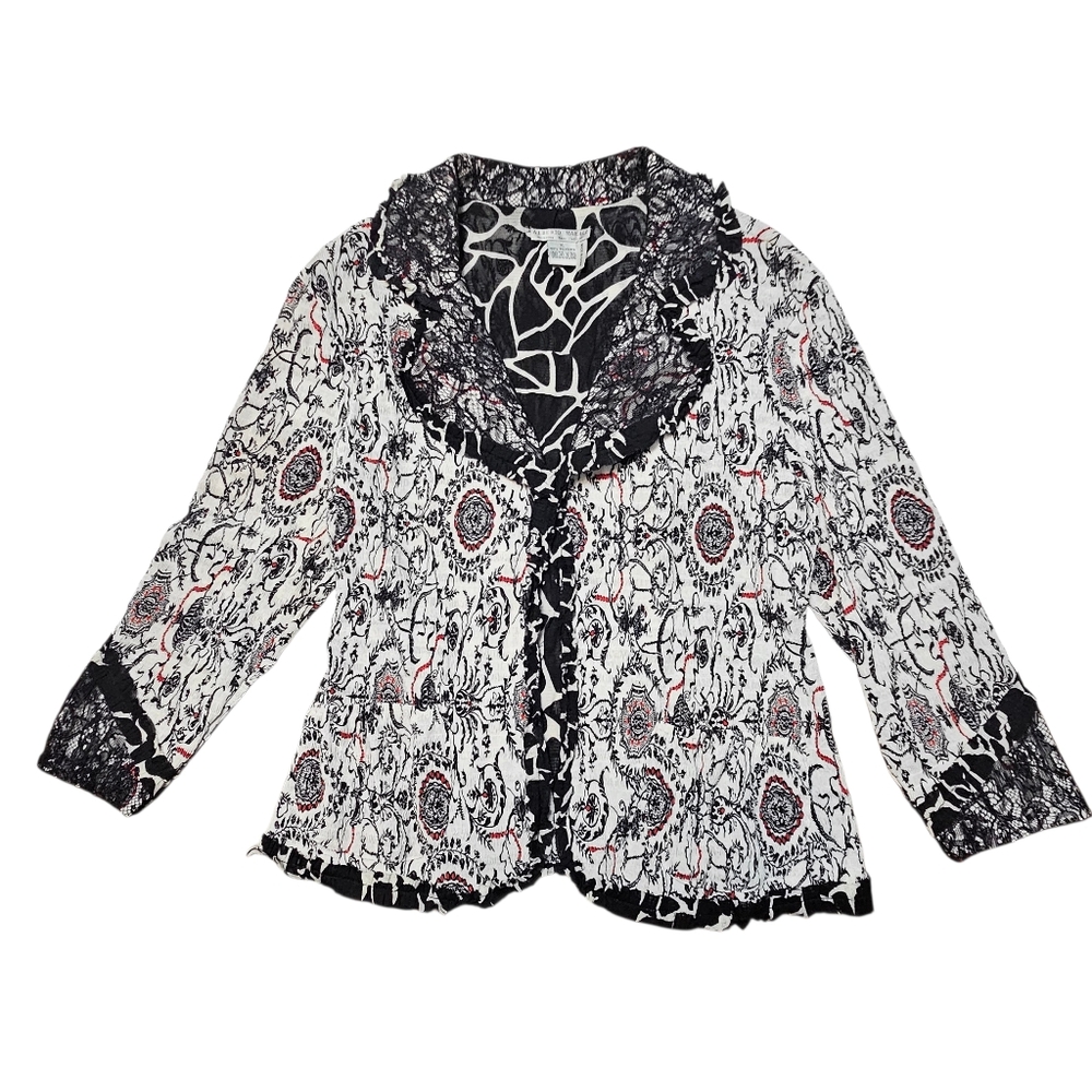 Alberto Makali Boho Lace Trim Medallion Jacket Crinkle Knit Art-To-Wear Y2K XL - Picture 2 of 15